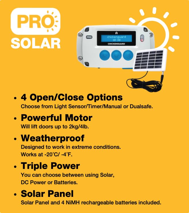 ChickenGuard Automatic Chicken Coop Door Opener, Power by Solar/Batteries/Electric. Strong Motor Lifts 2kg; Timer/Light Sensing; Motor Units only or Combination Kits (PRO + Solar Kit) - size: PRO + Solar Kit