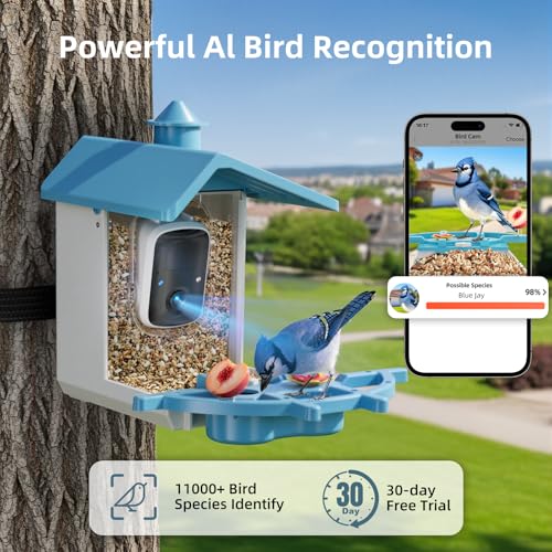 Bird Feeder with Camera for Outdoor, INKCKU 2K Solar Powered Bird Watching Camera, AI Identify Birds Species, Auto Capture Videos, Instant Arrival Alerts, Garden Decor, Gift for Mom Dad, Blue