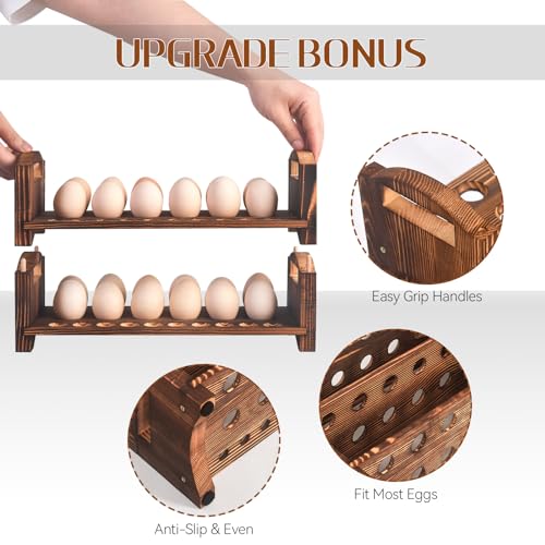 Wooden Egg Holder 2 Layer Rack Holders Countertop Stackable Quail Egg Sorter Storage Trays Organizer Display Stand Kitchen Rack Fits Duck, Turkey, Chicken Eggs,up to 36 Eggs, 2 Tier-Brown - size: 2-Tier