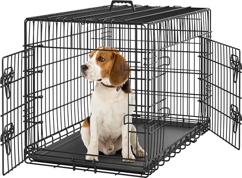 Yaheetech 36in Double Door Metal Dog Crate w/Divider for Puppy Indoor Use | Heavy-duty Sturdy Metal Frame, Easy Assemble, Fold Up for Travel, Removable Tray, Ideal for Puppies, Small to Medium Dogs - size: 36" L