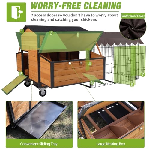 GUTINNEEN Extra Large Mobile Chicken Coop with Run for 6-8 Chickens, Portable Chicken Tractor with Wheels, 76.7" L All-Around Iron Frame Outdoor Hen House, Metal Sliding Tray & 6 Nesting Boxes