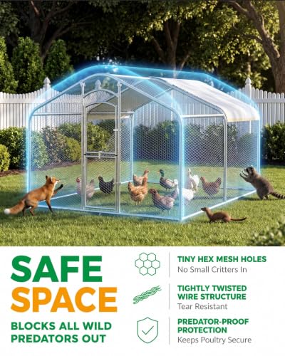Large Metal Chicken Coop with Run, Walk-in Chicken Run for Yard with Waterproof & Anti-UV Cover, Spire Roof Outdoor Poultry Cage for Chickens Ducks Rabbits Backyard Farm