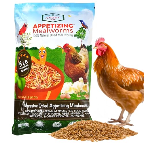 Amzey Dried Mealworms 5 LB, 100% Natural Meal Worms for Chicken & Birds, Organic Chicken Feed for Laying Hens, High Protein and Nutrition, Zipped Bag - size: 5 Pound (Pack of 1)