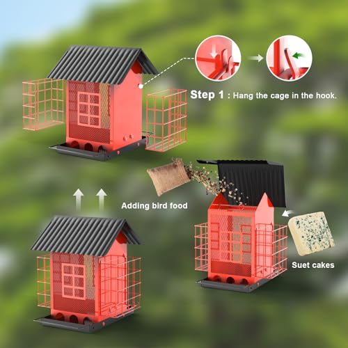 FlowaFoli Bird Feeders for Outdoors Hanging, Metal Bird Feeder with Double Suet Cage Cake, Large Capacity, Birdfeeders Sturdy & Weatherproof, Easy to Clean & Refill, Great for Attracting Wild Birds - color: Red