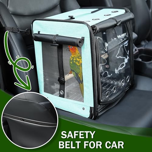 Bird Carrier with Seat Belt for Car Travel, Bird Backpack Carrier with Indestructible Stainless Steel Mesh, Large Bird Carrier Travel Cage, Green - color: Green, size: 13.5"L x 10.0"W x 15.5"H