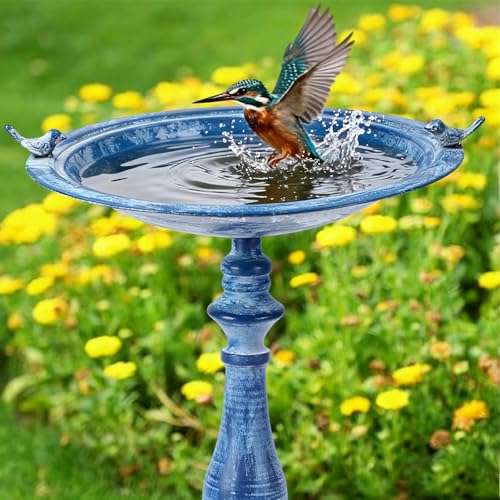 Newtay 27.25" Ornate Metal Pedestal Style Birdbath with Cast Iron Vintage Birds Baths for Outdoors on Rim Full Base Standing Bird Bath Tray for Garden Yard Decoration Not Easy to Rust (Blue) - color: Blue