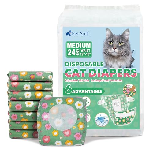 Pet Soft Disposable Cat Diapers - Diaper for Female & Male Cats, Puppy Doggie Diapers for Female Dogs with Adjustable Foam Tail Hole, Medium (24Pcs, GN Flowers) - size: Medium (24Counts)