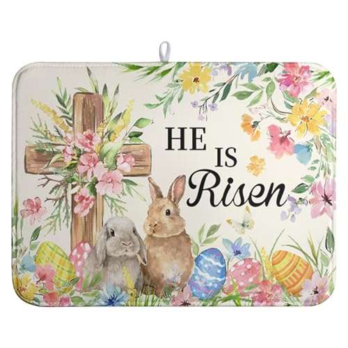 Easter He Is Risen Bunny Dish Drying Mat for Kitchen Counter Spring Easter Cross Floral Eggs Drying Pad 18x24 In Microfiber Absorbent Holiday Dishes Drainer for Kitchen Counter Tableware - color: Easter Cross, size: 18" x 24"