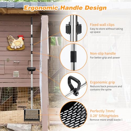 Rypet Chicken Poop Scooper & Rake 2-in-1, 36-74 in Stainless Steel Handle | 10-Inch Sifting Scoop, Sifting Holes with Side Rims, Long Handle Helps Reduce Bending, Rinses Clean, Wall Clip Storage