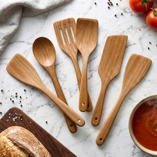 6 Pack Acacia Wood Spatula Set Non Toxic Kitchen Utensils for Cooking Spoon | Flat Wooden Wok Spatula Spurtle Kitchen Spoon Slotted Turner Scraper Bamboo Cooking Utensil Set Fish Egg Flipper Spatulas - color: 6Pcs-Utensils
