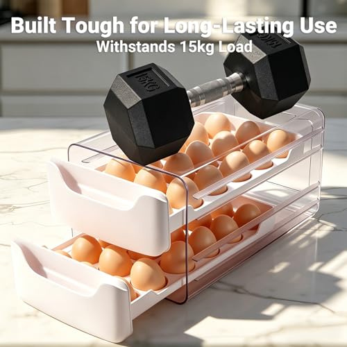 Egg-Holder for Fridge, Fits Small to Large Eggs, White | 36 Egg-Storage for Refrigerator Countertop, 2 Tier Dispenser with Drawer, Stackable Clear Egg Tray Container - size: 2 Tier-White