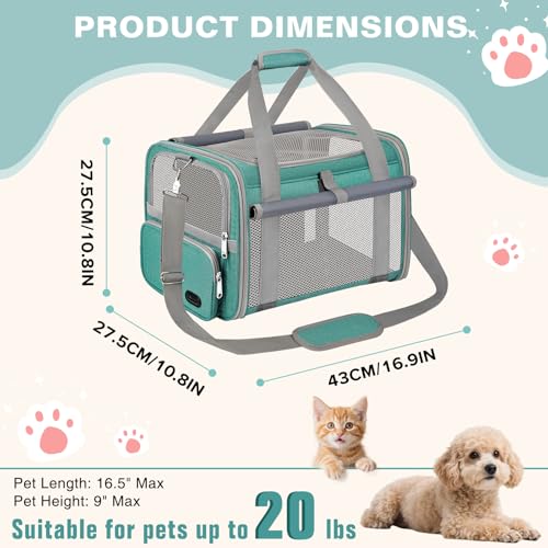 Cat Carrier Airline Approved Privacy Portable Top Load Pet Travel Bag | Soft Sided Pet Carriers for Small Cats Dogs Puppy up to 16 Lbs,Collapsible,Zipper Lock,Luggage Sleeve,2 Storage,Washable - color: Lake Green