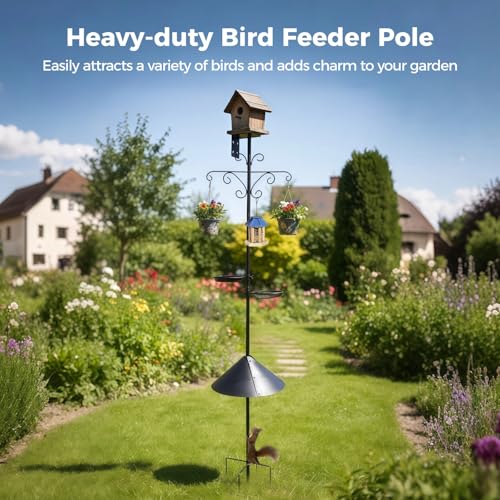 92 in Bird Feeder Pole with Squirrel Proof, Heavy Duty Bird Feeding Station | Standing Bird Feeders for Outdoors with Water Bowl & Mesh Tray, Adjustable Tall Feeder Stand for Plants, Lanterns