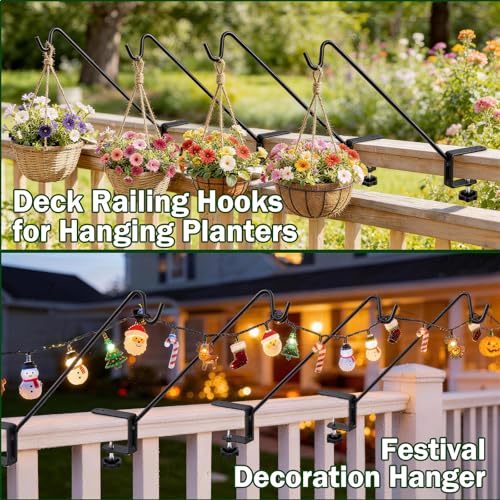 11 Inch Deck Railing Plant Hanger 2 PCS, Deck Hooks for Railing | Heavy Duty Solid Iron Shepherds Hook, For Deck Railing & Bird Feeders Outdoors, Stable Plant Hanger Bracket for Balcony,Porch - size: 11Inch -2PCS