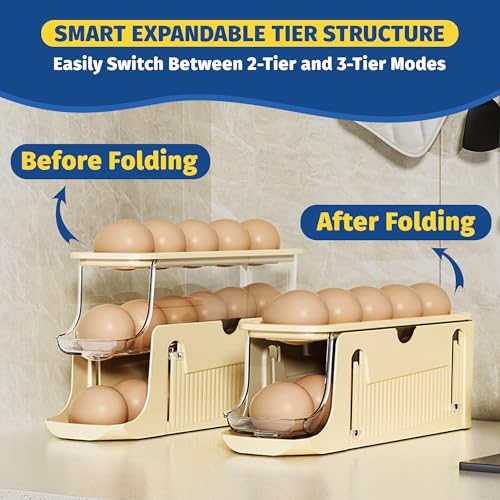 Adjustable Egg Holder for Fridge, Space Saving Egg Organizer Container, Automatic Rolling Egg Dispenser for Refrigerator, Clear Tray for Kitchen Countertop, Home, RV and Dorm Room