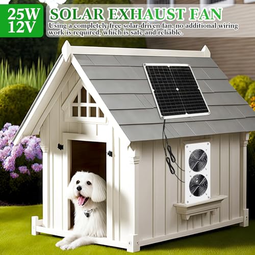 Rossesay 2 Sets 25W 12V Solar Powered Fan for Chicken Coop Waterproof Solar Panel Exhaust Fans USB Portable Metal Shell for Shed Greenhouse Outside Air Ventilation Pet Dog House
