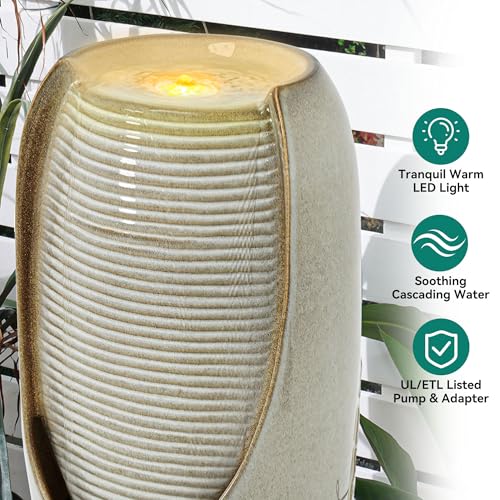 Autodaya 32"H Jar Ceramic Outdoor Water Fountain, Sand Beige Foilage Design | Artisan high-fired ceramic, warm LED ambient lighting, upgraded pump, soothing cascading water feature for garden patio yard - color: 32"h-leaf Pattern Beige Glaze