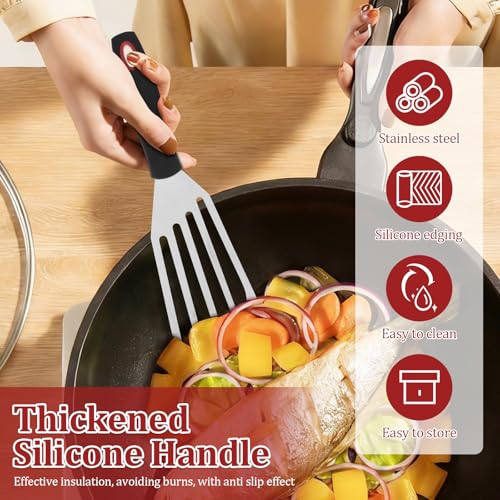 2 Pcs Silicone Fish Spatula Heat Resistant Silicone Edge for Nonstick Cookware Fish Turner for Use Flexible and Thin Stainless Steel Cooking utensil Ideal Slotted Spatula for Egg Pancake