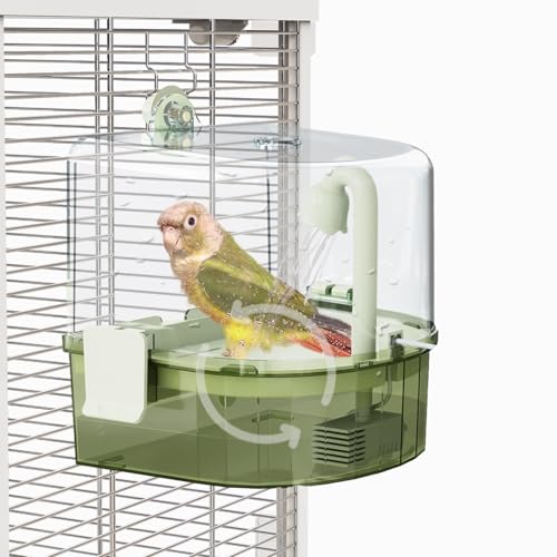 Automatic Bird Baths for Cage – Indoor Parakeet Bath with Pump, Bird Shower with 2 Modes Running Water, Bird Cage Accessory for Pet Birds Conure Budgies Cockatiels Lovebird(Green) | Quiet auto pump with 4-layer filter & 4 refills Easy-clean clear tank on/