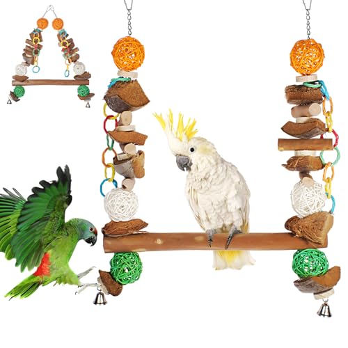 3-in-1 Parrot Toys Natural Coconut Fiber Parrot Hammock (Swing + Perch + Chew Toy) Natural Bird Perches for Medium Large Birds - 23" Bird Toys for Parrots Stand - color: Bird Stand