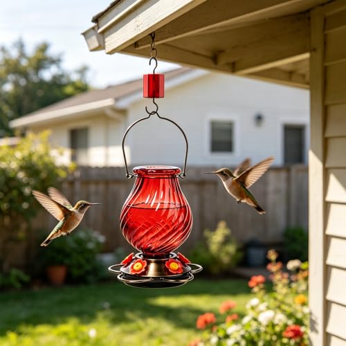 32oz Large Glass Hummingbird Feeders for Outdoors Hanging,Large Capacity Red Hummingbird Feeder with Built-in Ant Moat,Glass Humming Bird Feeder,Gifts for Mom Dad,Outside Garden Décor - color: Red-A