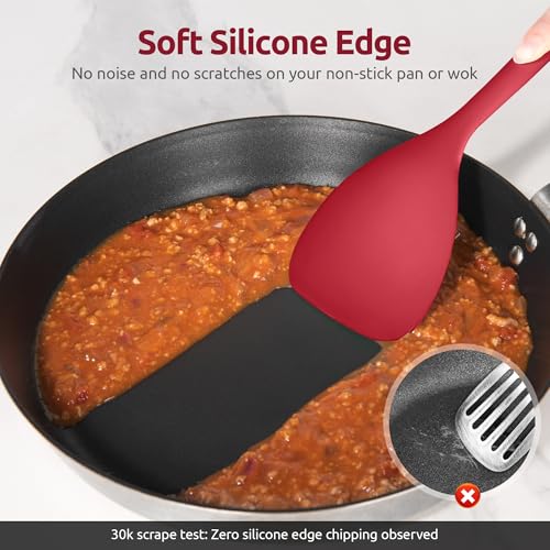 U-Taste 600ºF Heat Resistant 13.6in Long Solid & Slotted Silicone Turner and 600ºF Heat Resistant 13.76" Long, 3.63" Wide Wok Spatula for Kitchen Stir Fry (Red)