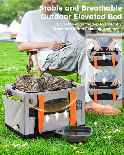 Pecute Cat Carrier,Top Expandable Dog Crate for Travel, Grey | 5mm Anti-Collapse Steel Frame, Soft Mesh, Vet Visits, Foldable Travel Crate,Outdoor Hammock, Leakproof Pee Pad & Bowl - color: Grey