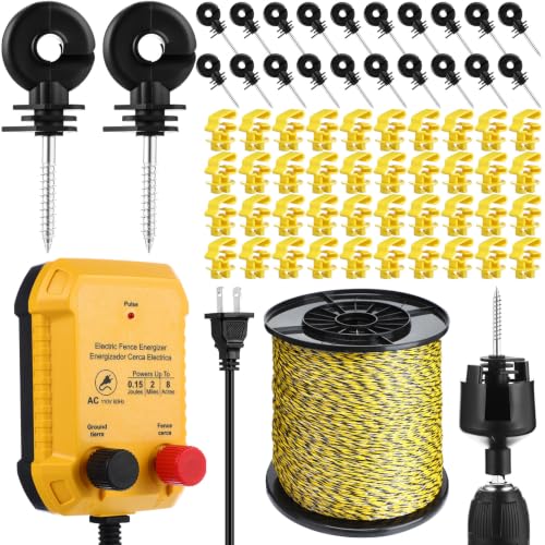 Electric Wire Fence Kit, 2 Mile 110VAC 0.15 J Plug in Fence Charger with 3366 FT Polywire, 40 T Post Insulators, 20 Screw in Insulators for Pasture Farm Horse Cattle Poultry Fencing - size: 3366FT, style: 0.15J
