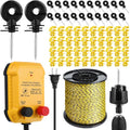 Electric Wire Fence Kit, 2 Mile 110VAC 0.15 J Plug in Fence Charger with 3366 FT Polywire, 40 T Post Insulators, 20 Screw in Insulators for Pasture Farm Horse Cattle Poultry Fencing - size: 3366FT, style: 0.15J