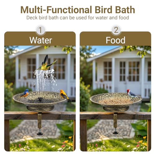 Solar Bird Bath for Deck Railing, 12.6“ Metal Solar Powered Bird Bath | Bird Bath Fountain with Bubbler, 3.5” Adjustable Clamp for Balcony & Patio, 2-in-1 Deck Bird Feeder for Garden Yard, Gold - color: Gold