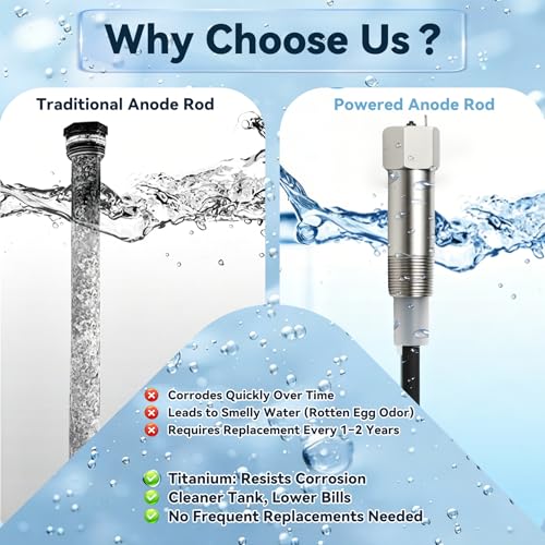 Powered Anode Rod, for 40-89 Gallon Water Tank Except Bradford White | Titanium Electrical Anode Rod for Water Heater, Prevent Inner Tank Corrosion and Stop Leaks,Reduce Sediment Buildup and Scale