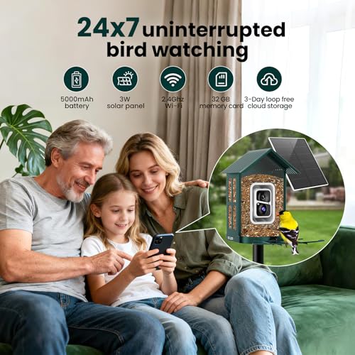 SOLIOM Bird Feeder with Camera, Solar Smart Bird Feeder Camera with AI Bird Identification, 2K HD Live View & Instant Alerts, Squirrel-Proof Metal Outdoor Bird Feeder, Bird Watching Gift Set (Green) - color: Green Medium Set