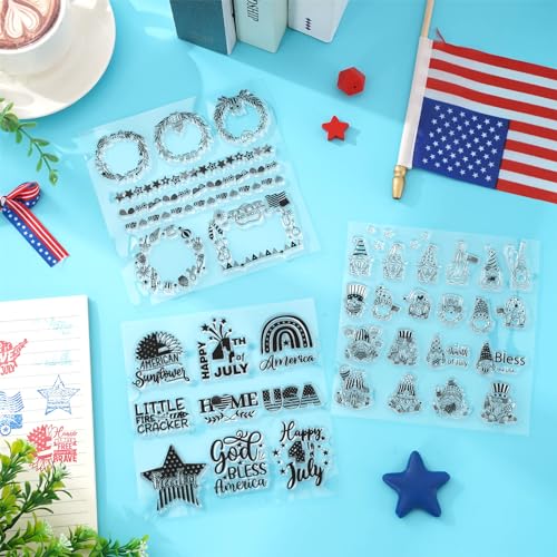 Whaline 5 Sheet 4th of July Clear Stamps Patriotic Silicone Transparent Stamps Border Stamp Cards for 250th Anniversary Independence Day Memorial Day DIY Crafts Card Making Scrapbooking Embossing - style: 4th of July