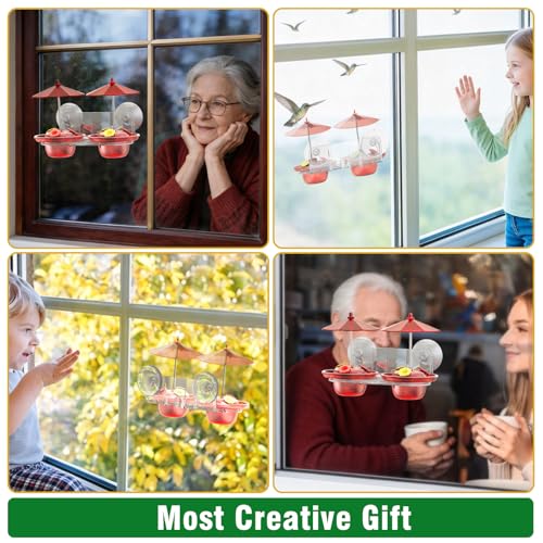 Window Hummingbird Feeder with Strong Suction Cups, Small Hummingbird Feeder for Window with Ant Moat, Bee-Proof Feeding Ports & Sun Shades, Easy to Refill and Clean for Up-Close Viewing Bird