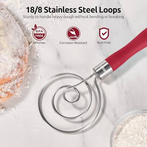U-Taste 600ºF Heat Resistant 13.6in Long Solid & Slotted Silicone Turner and 12.6in Stainless Steel Danish Dough Whisk (Red)
