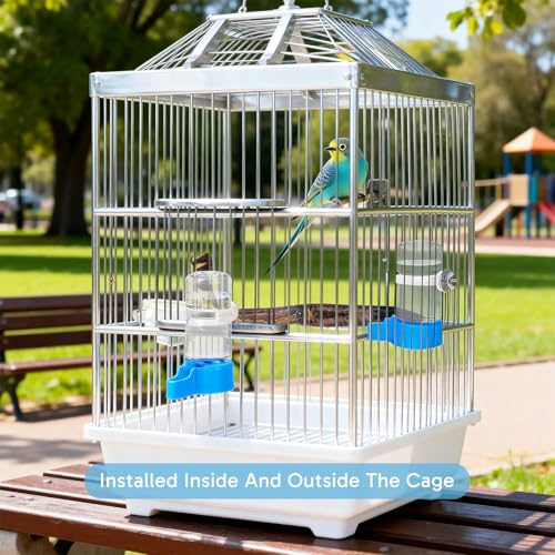 2 Pcs Parakeet Water Dispenser, Automatic Bird Water Dispenser Hanging Feeder, No Drip Bird Cage Water Fountain for Parrots, Finches, Small Pet Birds, Easy to Install and Use(White, Blue)