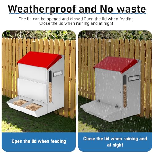 Automatic Chicken Feeder 25lb,Outdoor Galvanized Metal Poultry Feeder No Waste Rat Proof Feeder Trough with Lid Hanging Chicken Feeder Dispenser for Quails,Bantams, Ducks and Turkey