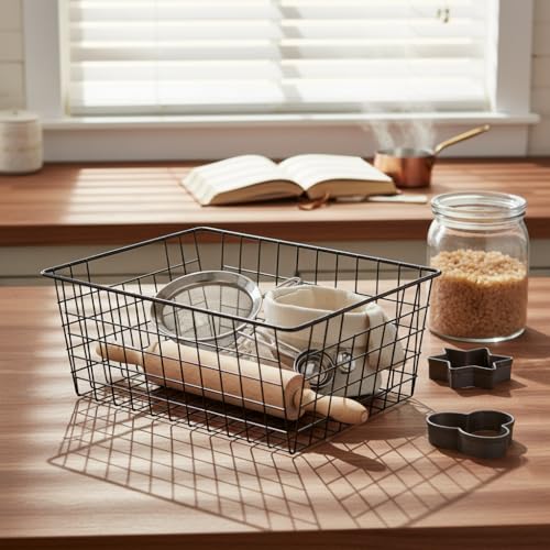 Kitchen Metal Wire Baskets Farmhouse Decor Metal Food Storage Organizer,Household Refrigerator Bin with Built-in Handles for Cabinets,Pantry,Bathroom,Black - color: Black, size: 2 Pack Big