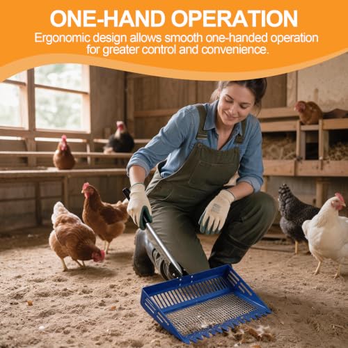 Chicken Poop Scooper Rake, 2-in-1 304 Stainless Steel 15 Inch Scoop | 35-63 Inch Adjustable Handle, Durable 304 Stainless Steel, Sand & Litter Sifting, Chicken Coop & Pet Waste Cleaning - color: blue