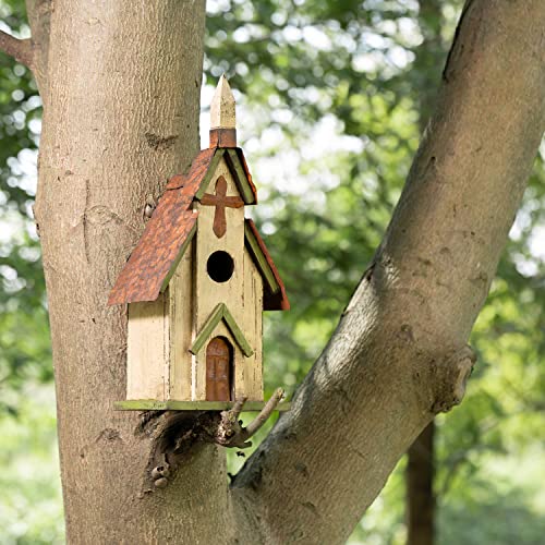 Glitzhome 14" H Hanging Distressed Wooden Church Birdhouse Garden Decor - color: 14"H