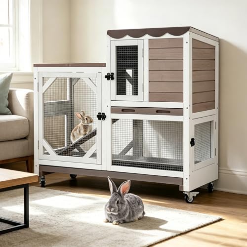 Large Rabbit Hutch Indoor Outdoor, 2-Tier Bunny Hutch with Wheels and Waterproof Roof, Wooden Guinea Pig Cage with Leak-Proof Pull-Out Trays, Multi-Door Bunny Cage for Small Animals - color: Brown-AIR7013