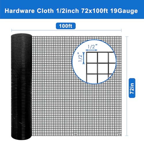 Black Wire Mesh 1/2 in 72 x 100 ft 19 Gauge Hardware Cloth | PVC coated mesh fencing, Shape Retention, Easy to Cut, Chicken Run, Garden Fence, Animal Enclosure - size: Black 1/2" 72" x 100' 19Ga