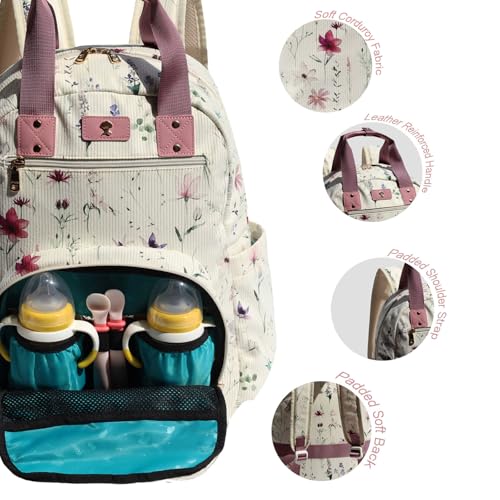 Diaper Bag Backpack Corduroy Multifunction Baby Fashion Travel Pack office Laptop Bag - color: Purple White Flower