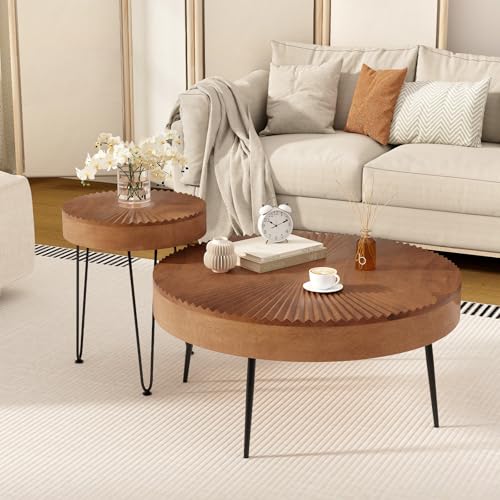 COSTWAY Farmhouse Round Coffee Table Set of 2, Rustic Sofa Side Tea Tables w/Wood Finish, Metal Frame, Adjustable Foot Pads, Nesting End Table Set for Living Room, Bedroom (Radial Pattern, Brown) - color: Brown, style: Radial Pattern