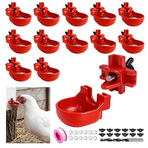 Heavy Duty 12-Pack Automatic Chicken Water Nipples with Cups, Horizontal Leak-Proof Waterer for Coop, Quail, Chicks, Turkeys, Peacocks, fits 5-Gallon Buckets & PVC Pipes