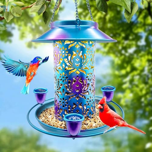 Solar Bird Feeder for Outdoors, 3 Nectar Cups for Hummingbirds, Metal Squirrel-Proof Weatherproof, 2-in-1 Garden Lantern Auto Light at Night, Perfect for Birthdays, Christmas, Bird Lovers