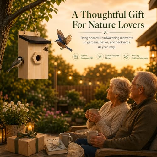 2 Pack Wooden Bird House for Outside Hanging, Birdhouse with 3 Interchangeable Entrance Holes, Predator Guard & Easy Clean Door, Outdoor Nesting Box for Bluebirds, Wrens, Chickadees - style: 2 Pack