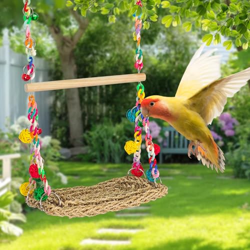 Natural Bird Swing Toys with Wood Perch, Double Layer Bird Seagrass Woven | Climbing Hammock with Chewable Perch Stand Chewing Toy for Parakeets, Budgies, Conures, Cockatiels, Lovebirds