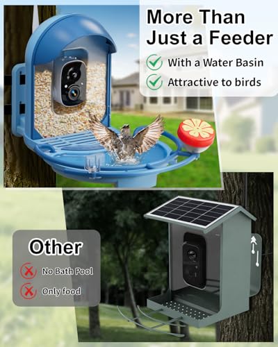 Bird Feeder with Camera, Smart Birdfeeder with Cam Solar Powered, 2K HD Video, AI Identification, Instant Arrival Alerts, IP66 Bird Bath & Feeder,Gift for BirdLover (with BirdBath, Blue) - color: Blue, style: With BirdBath