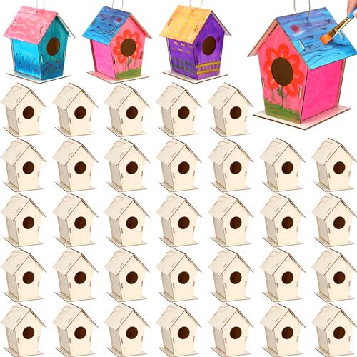 DoubleFill 12 Pcs 6.3'' Wooden Bird Houses Kits Bulk for Kids to Build DIY Unfinished Wood Birdhouses to Paint Wood Arts and Crafts Birthday Gifts for Vbs Crafts Class Parties